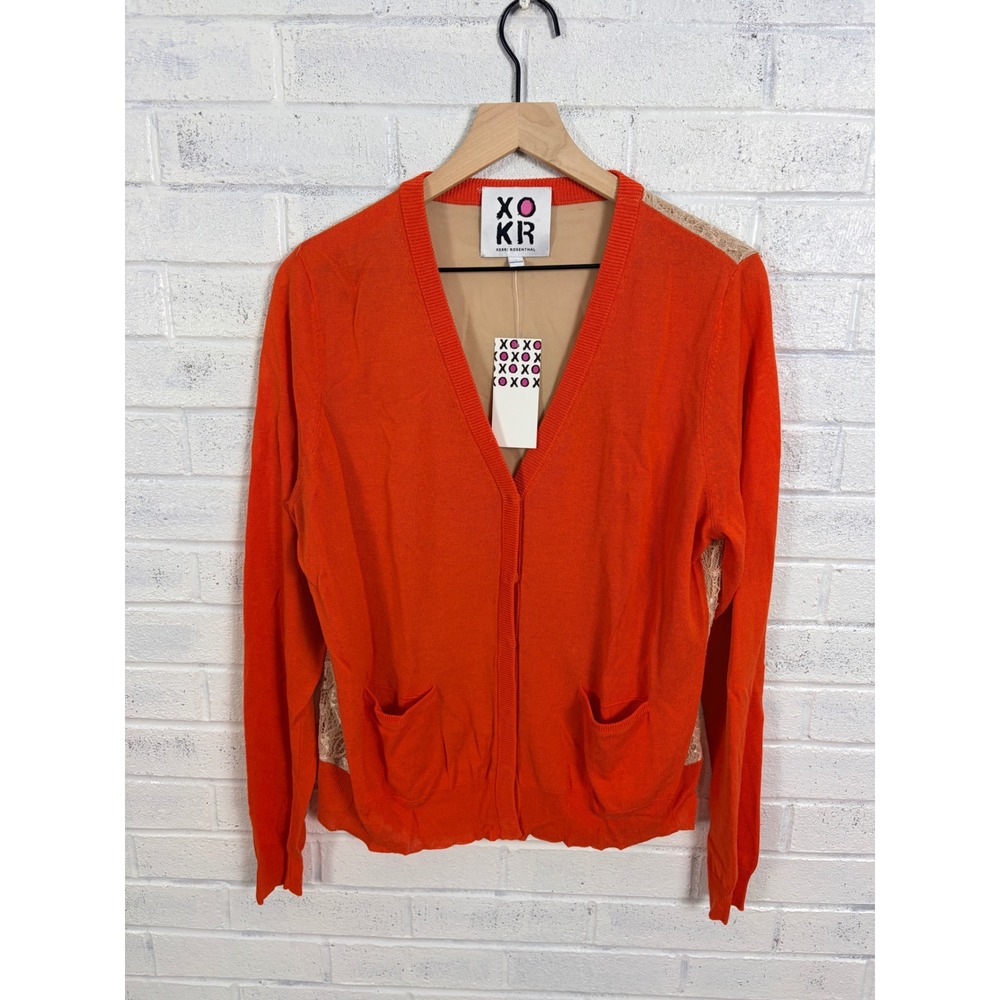 XOKR Kerri Rosenthal Cardigan Womens L Orange Lace Back V-Neck Knit Sweater